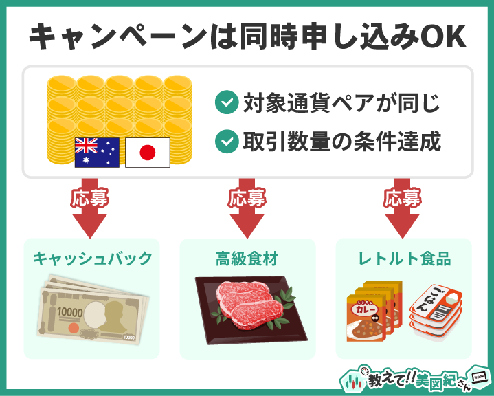 ヒロセ通商のキャンペーンは同時申し込み可能で、条件達成によりキャッシュバック・高級食材・レトルト食品を狙える図