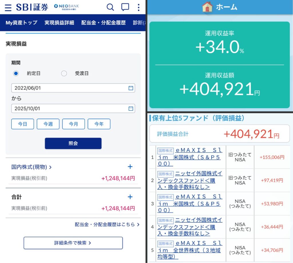 株式投資の実現損益とつみたてNISAの運用収益率の表示（SBI証券）