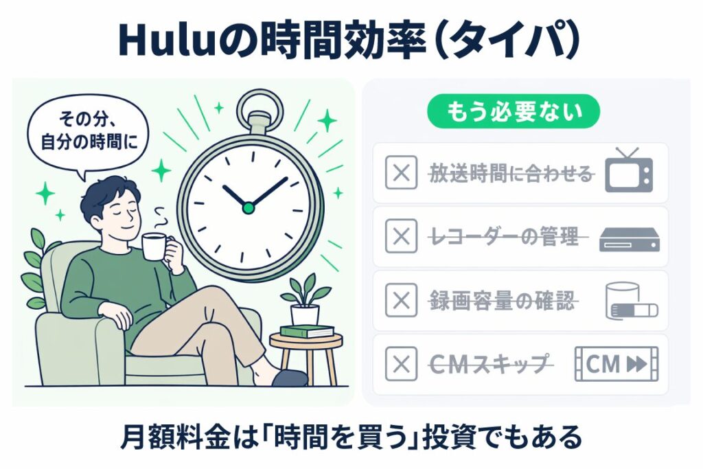 Hulu加入で放送時間・レコーダー管理・録画容量・CMスキップが不要になる時間のコスパ解説図解（月額は「時間を買う」投資）