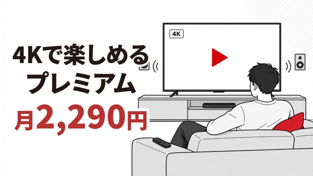 ソファに座って大型4Kテレビで動画を視聴する男性のイラストと、「4Kで楽しめるプレミアム 月2,290円」の文字が並んだプラン紹介ビジュアル。