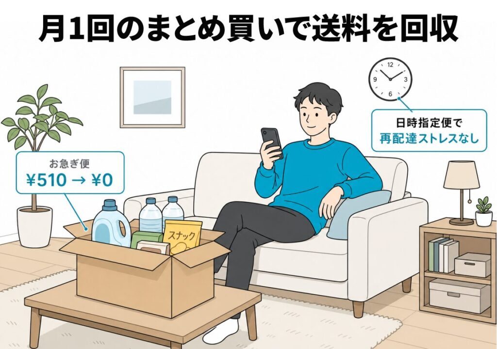 リビングでスマホを操作する男性のイラストで、月1回まとめ買いをすればお急ぎ便510円が0円になり、日時指定で再配達ストレスもなくなる利用シーンを表現した図解
