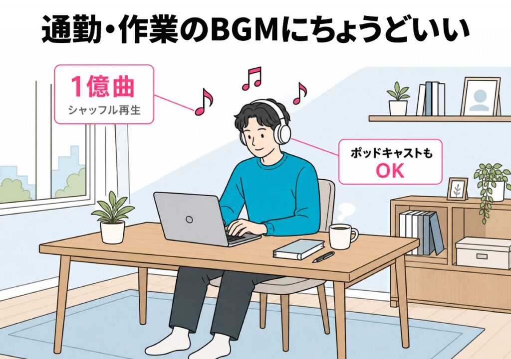 ノートPCで作業しながらヘッドホンで音楽を聴く男性のイラストで、Prime Musicの1億曲シャッフル再生やポッドキャストが通勤・作業BGMにちょうどいいことを示した利用シーン図解