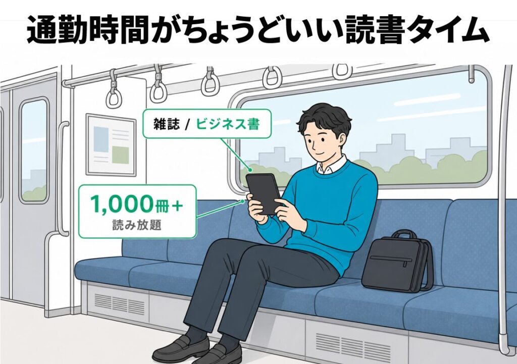 電車内でスマホを使い読書する男性のイラストで、Prime Readingの雑誌・ビジネス書1,000冊以上が通勤時間の読書タイムに最適であることを表した利用シーン図解