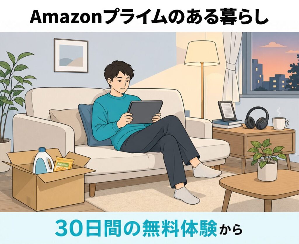 夜のリビングでソファに座りタブレットを使う男性のイラストで、Amazonプライムのある暮らしを30日間の無料体験から始められることを訴求したライフスタイル図解