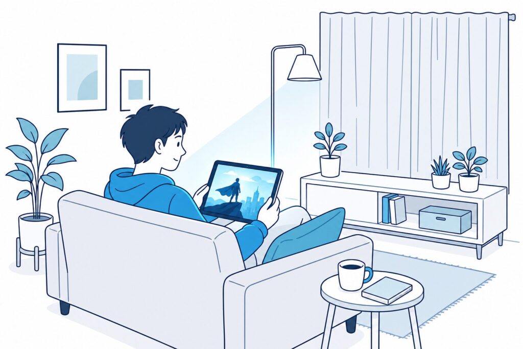 落ち着いた夜のリビングでソファに座りタブレットを楽しむ大人のイラスト。間接照明・観葉植物・コーヒーカップ・絵画など穏やかな室内空間で、Disney+を一人時間で楽しむライフスタイルを表現したイメージビジュアル。