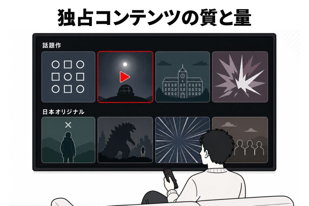 リモコンを手にテレビ画面を眺める男性のイラストと、画面内に「話題作」「日本オリジナル」のサムネイルが並ぶ独占コンテンツのラインナップ。「独占コンテンツの質と量」の見出し付き図解。
