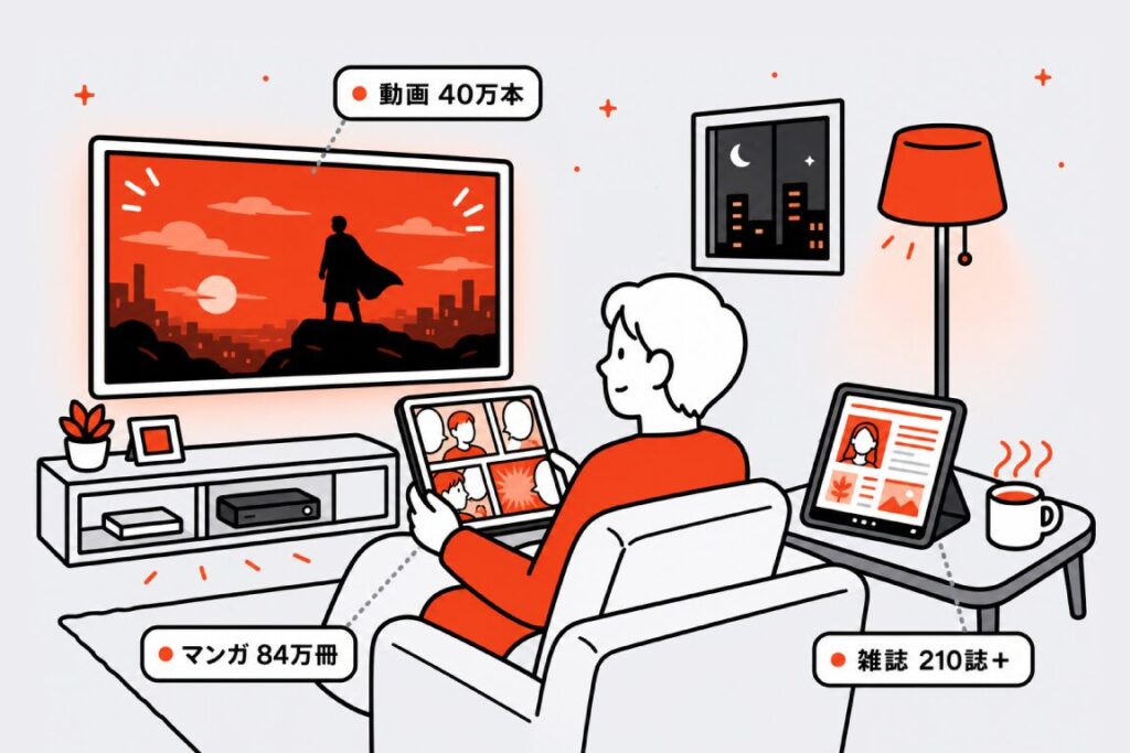 U-NEXTのある暮らしを表現したライフスタイルシーン図解。リビングで大画面テレビ（動画40万本）・タブレットでマンガ（マンガ84万冊）・サイドテーブルのタブレットで雑誌（雑誌210誌+）を楽しむ人物のイラストで、U-NEXT1つで動画・マンガ・雑誌を一括して楽しめる暮らしを表現。