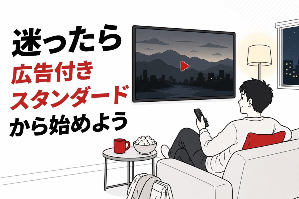 夜のリビングでソファに座り、ポップコーンとリモコンを手にテレビで動画を視聴する男性のイラスト。「迷ったら広告付きスタンダードから始めよう」のキャッチコピーが添えられたまとめビジュアル。