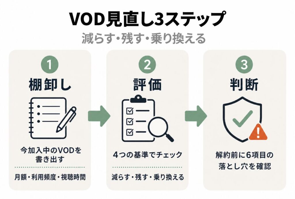 VOD見直し3ステップ(減らす・残す・乗り換える)を示す図解。①棚卸し=加入中のVODを書き出す、②評価=4つの基準でチェック、③判断=解約〜6項目の落とし穴を確認