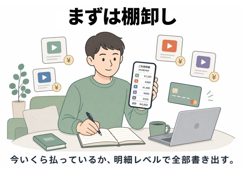 VOD見直しの第一歩「棚卸し」のイメージイラスト。スマホとノートを使い、今いくら払っているかを明細レベルで全部書き出す男性