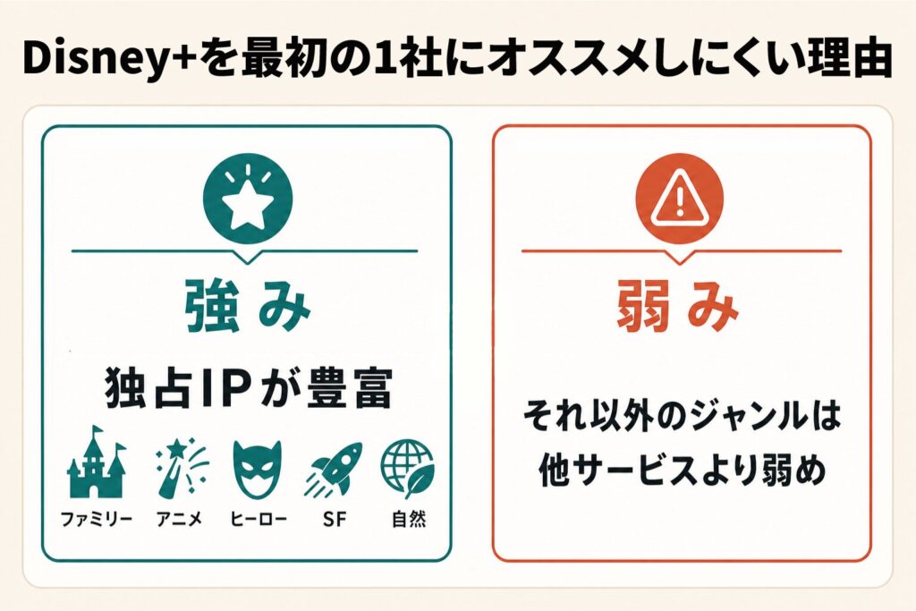 Disney+を最初の1社にオススメしにくい理由を解説した図。独占IPが豊富という強みと、それ以外のジャンルは他サービスより弱めという弱みを対比