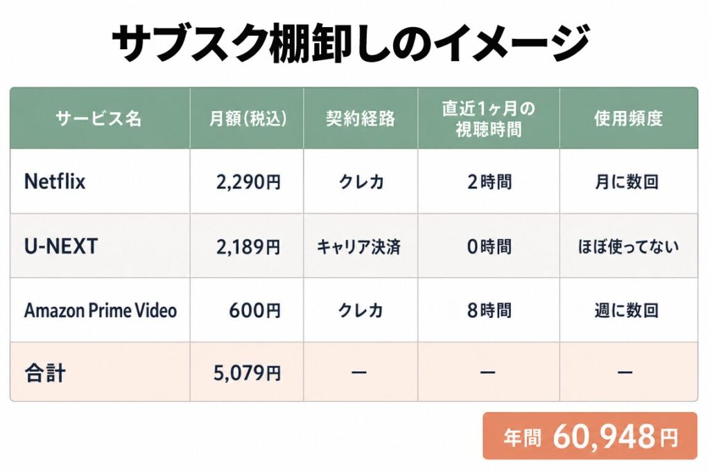 サブスク棚卸しのイメージ表。Netflix・U-NEXT・Amazon Prime Videoの月額や直近1ヶ月の視聴時間・使用頻度を一覧化し、合計月5,079円・年間60,948円と算出