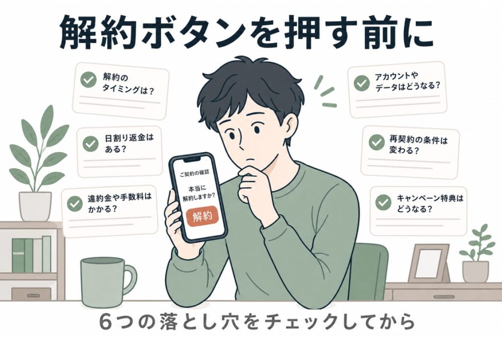 VODの解約ボタンを押す前にチェックすべき6つの落とし穴を示すイラスト。解約のタイミング・アカウントやデータ・目的の作品・違約金・再契約の条件・キャンペーン特典を確認する男性