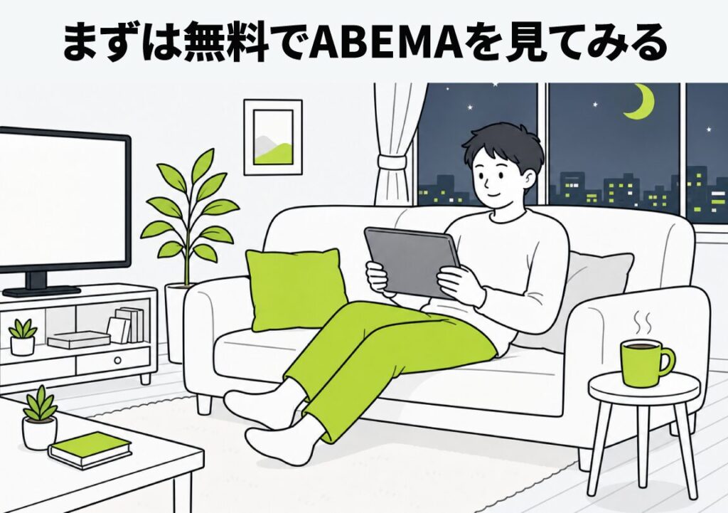 夜のリビングでソファに座り、タブレットでABEMAを楽しむ男性のイラスト。まずは無料でABEMAを見てみることを促すまとめ画像