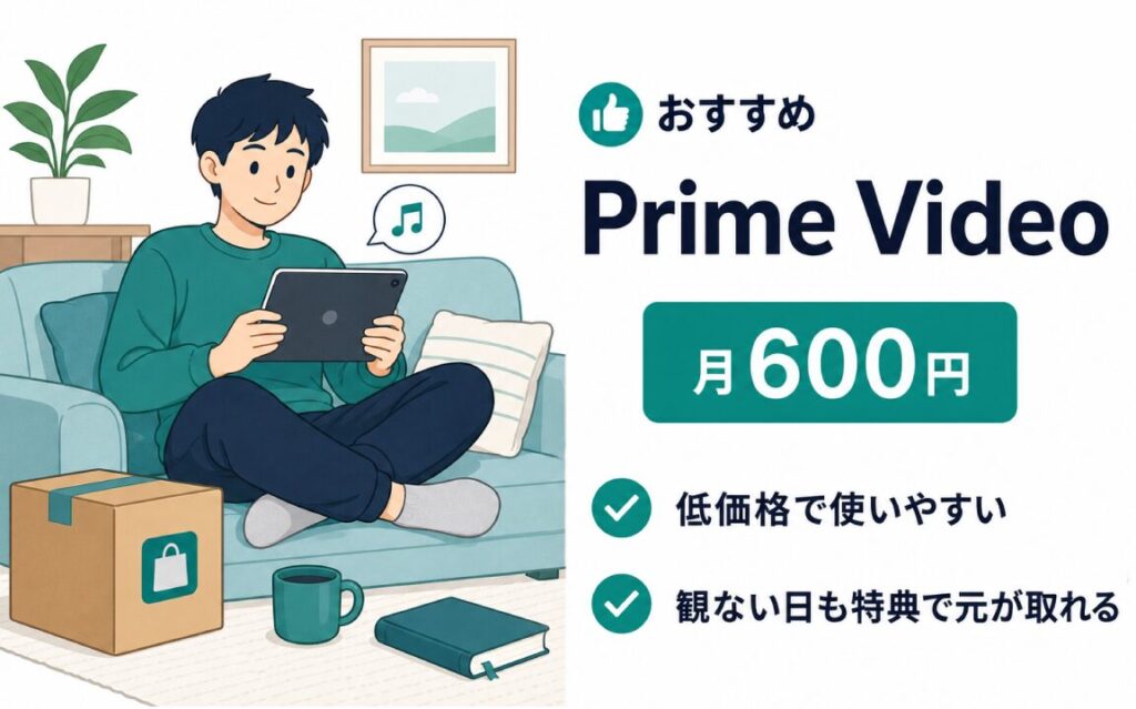 Type A向けおすすめ。幅広く浅く＋生活特典も込みなら月600円のPrime Video。低価格で使いやすく、観ない日も特典で元が取れる