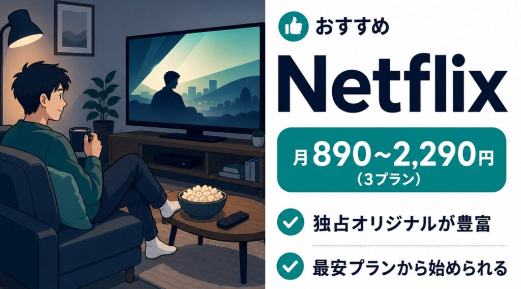Type D向けおすすめ。オリジナル・海外ドラマをしっかり観るなら月890〜2,290円（3プラン）のNetflix。独占オリジナルが豊富で最安プランから始められる