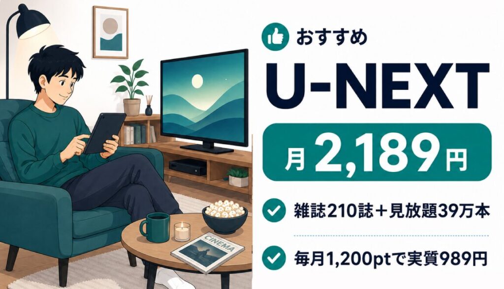 Type E向けおすすめ。新作映画も雑誌も全部楽しむなら月2,189円のU-NEXT。雑誌210誌＋見放題39万本、毎月1,200ポイントで実質989円