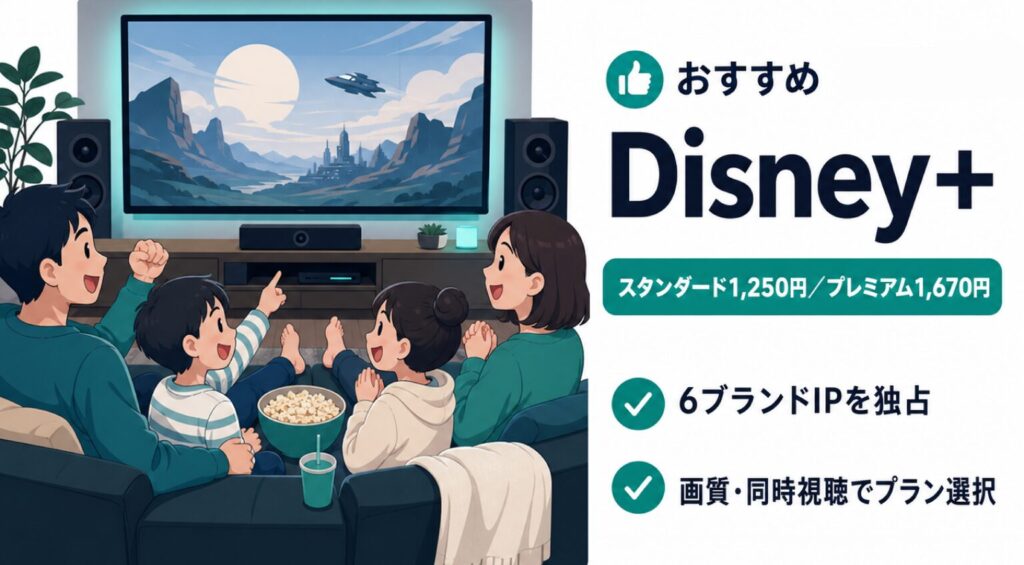 Type F向けおすすめ。ディズニー・マーベル・スターウォーズが目的なら月1,250〜1,670円のDisney+。6ブランドIPを独占、画質・同時視聴でプラン選択
