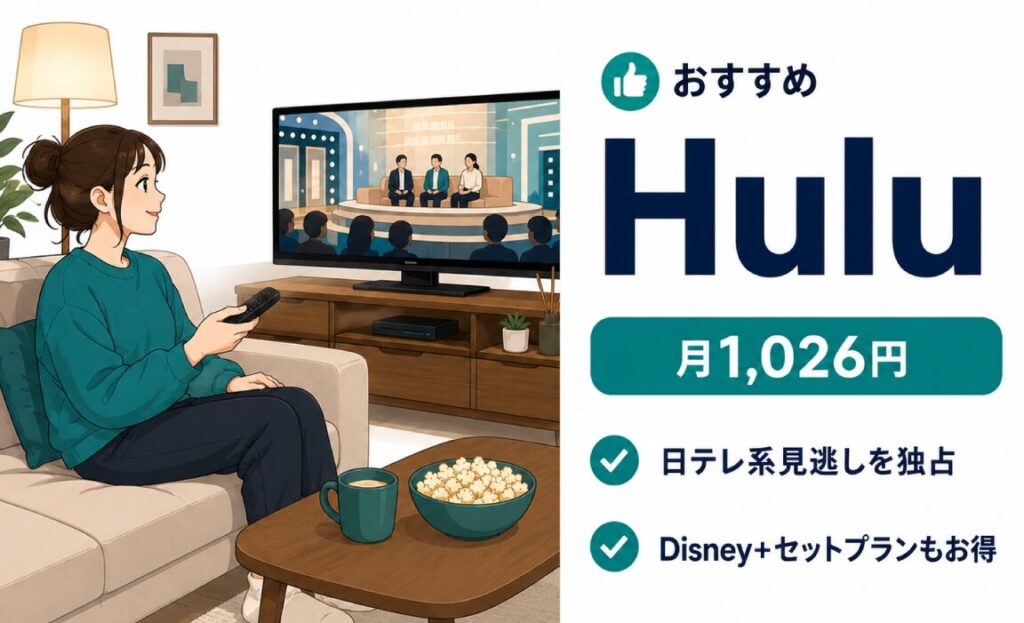 Type G向けおすすめ。海外バラエティ・日テレ系なら月1,026円のHulu。日テレ系見逃しを独占、Disney+とのセットプランもお得
