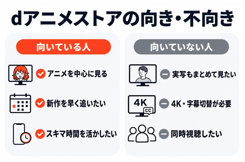 dアニメストアが向いている人と向いていない人の比較図。アニメ中心・新作重視・スキマ時間派は向き、実写もまとめて見たい人や4K・字幕切替・同時視聴が必要な人は不向き