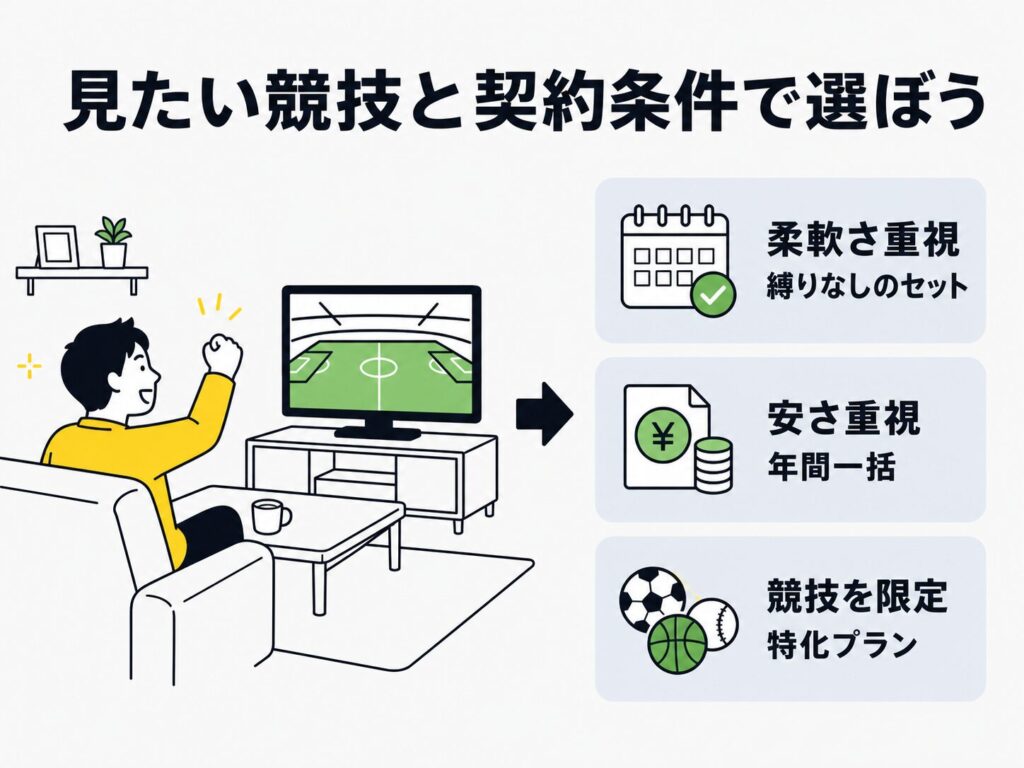 自宅のテレビでサッカー観戦を楽しむ男性のイラストと、DAZNのプランを選ぶ3つの軸を示した図。柔軟さ重視なら縛りなしのセットプラン、安さ重視なら年間一括、競技を限定するなら特化プランを選ぶ
