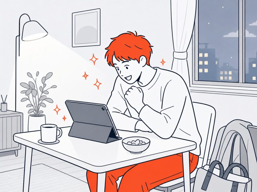 夜の部屋でタブレットを立てて、dアニメストアで新作アニメを楽しそうに見ている人のイラスト