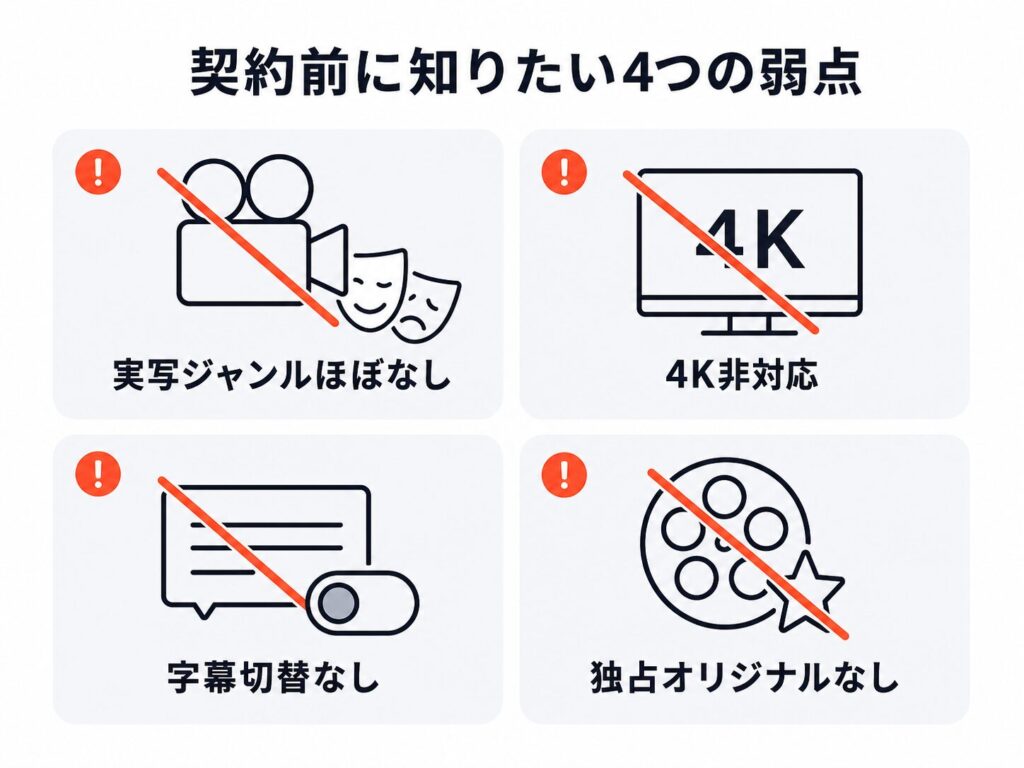 dアニメストアを契約する前に知りたい4つの弱点の図解。実写ジャンルほぼなし、4K非対応、字幕切替なし、独占オリジナル作品なし