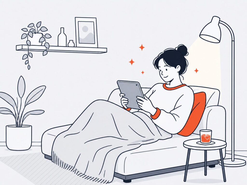 ソファでブランケットをかけ、タブレットでdアニメストアのアニメをくつろぎながら見ている人のイラスト。観葉植物とフロアランプのある部屋、サイドテーブルにドリンク。