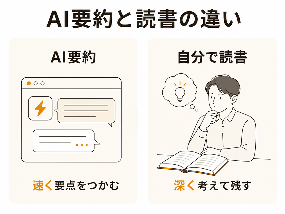 AI要約は要点を素早くつかめる一方、自分で読書すると深く考えて内容が残ることを示す比較図。