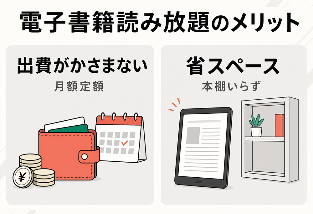 電子書籍読み放題のメリット。月額定額で出費を抑えやすいことと、電子端末で読めるため本棚が不要で省スペースになることを示す図
