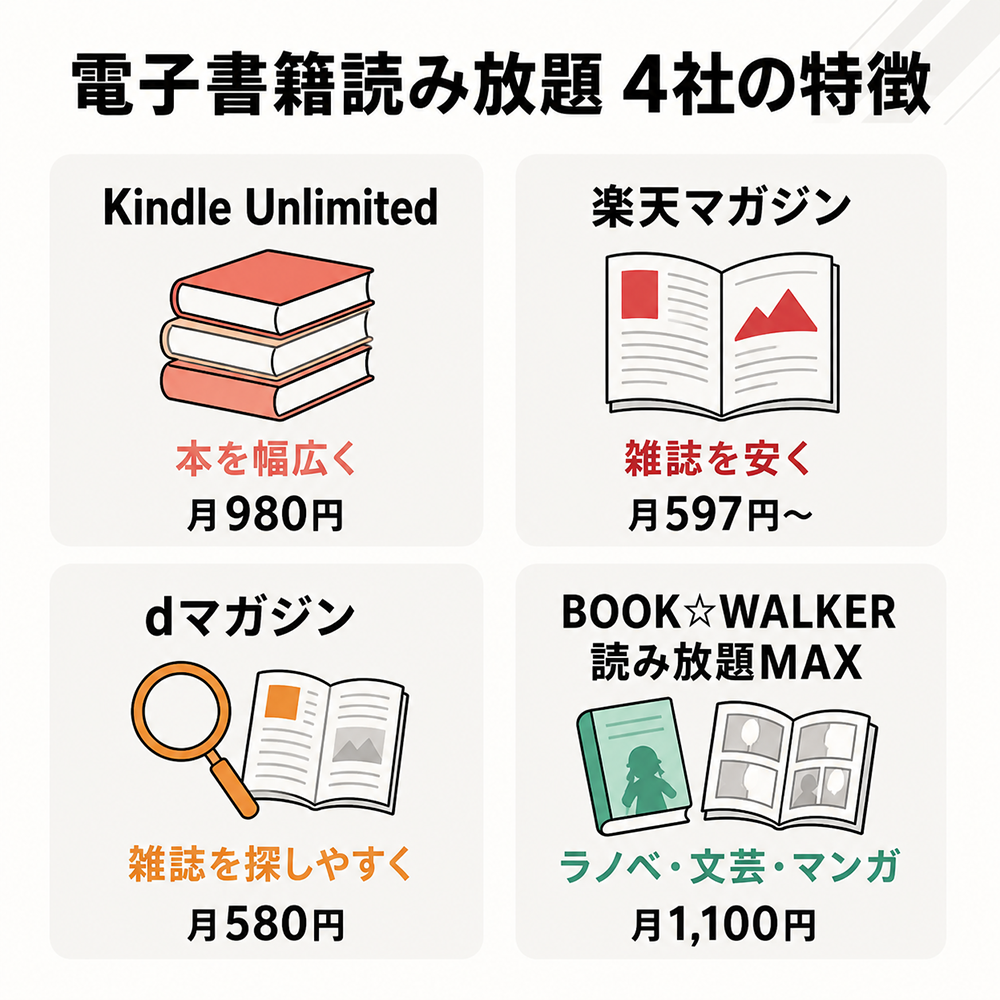 電子書籍読み放題4社の特徴と月額料金の比較。Kindle Unlimitedは本を幅広く読めて月980円、楽天マガジンは雑誌を安く読めて月597円から、dマガジンは雑誌を探しやすく月580円、BOOK☆WALKER読み放題MAXはラノベ・文芸・マンガ向けで月1,100円
