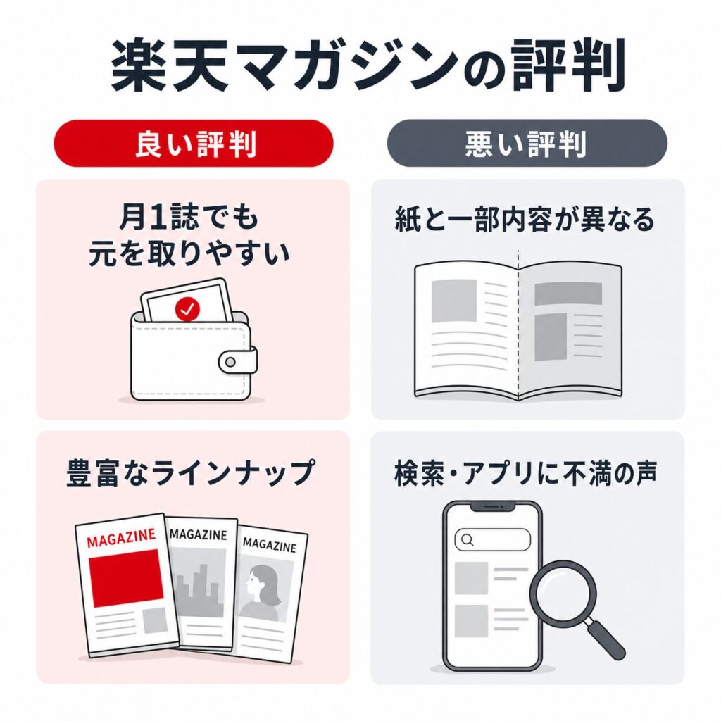 楽天マガジンの評判まとめ。良い評判は「月1誌でも元を取りやすい」「豊富なラインナップ」、悪い評判は「紙と一部内容が異なる」「検索・アプリに不満の声」