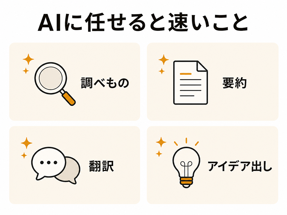 調べもの、要約、翻訳、アイデア出しはAIに任せると速いことを示す4項目の図。