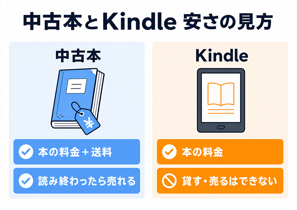 中古本とKindleの安さの見方。中古本は本の料金に送料が加わるが、読み終えたら売れる。Kindleは本の料金のみで、貸したり売ったりはできない。