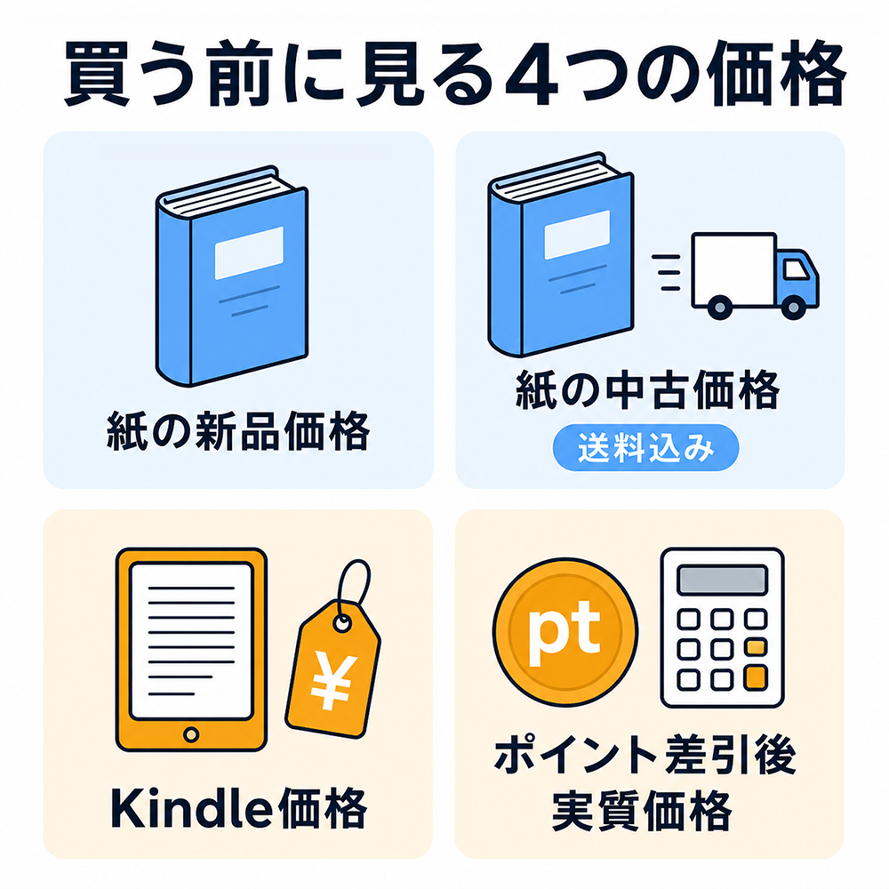 Kindle本を買う前に確認する4つの価格。紙の新品価格、送料込みの紙の中古価格、Kindle価格、ポイント差引後の実質価格。