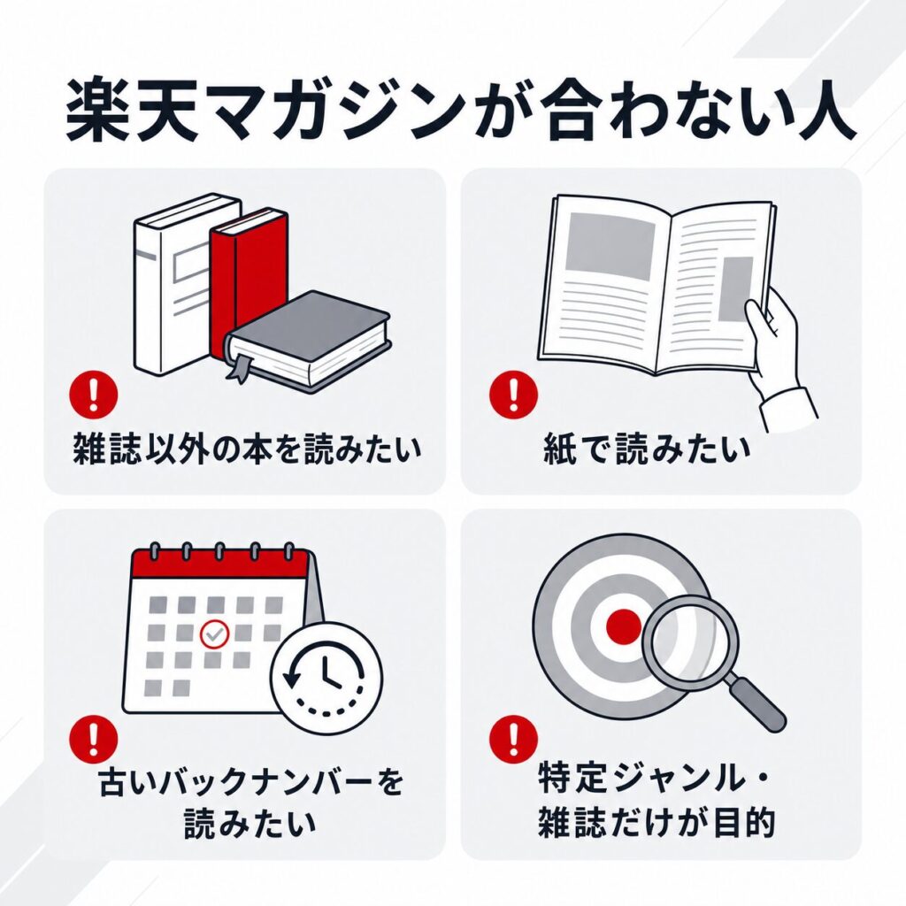 楽天マガジンが合わない人の4タイプ。雑誌以外の本を読みたい、紙で読みたい、古いバックナンバーを読みたい、特定ジャンル・雑誌だけが目的の人