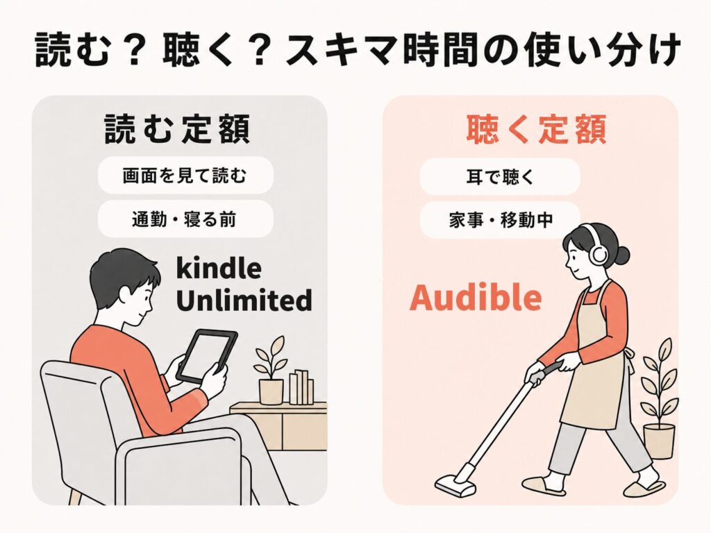 Kindle UnlimitedとAudibleの使い分けを比較した図解。読む定額のKindle Unlimitedは画面を見て通勤や寝る前に、聴く定額のAudibleは耳で家事や移動中に使う
