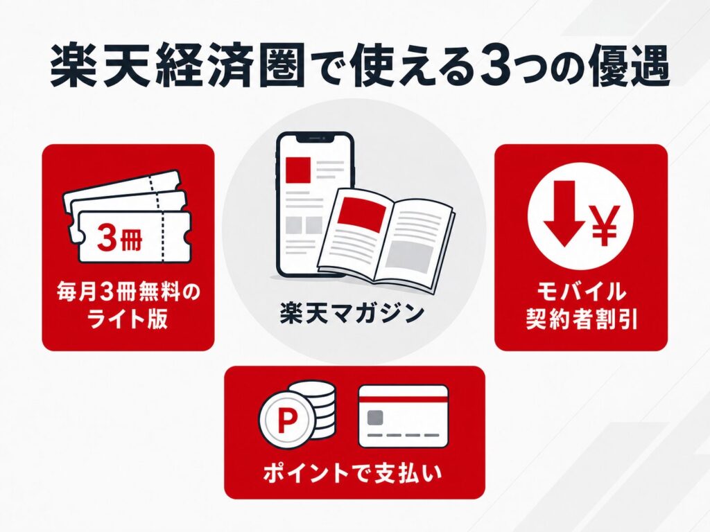 楽天経済圏で使える楽天マガジンの3つの優遇。毎月3冊無料のライト版、楽天モバイル契約者割引、楽天ポイントで支払い