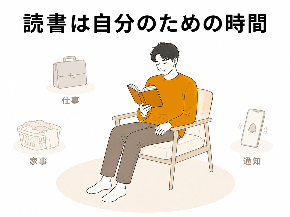 仕事、家事、通知から離れ、椅子で本を読む時間は自分のための時間であることを表すイラスト。
