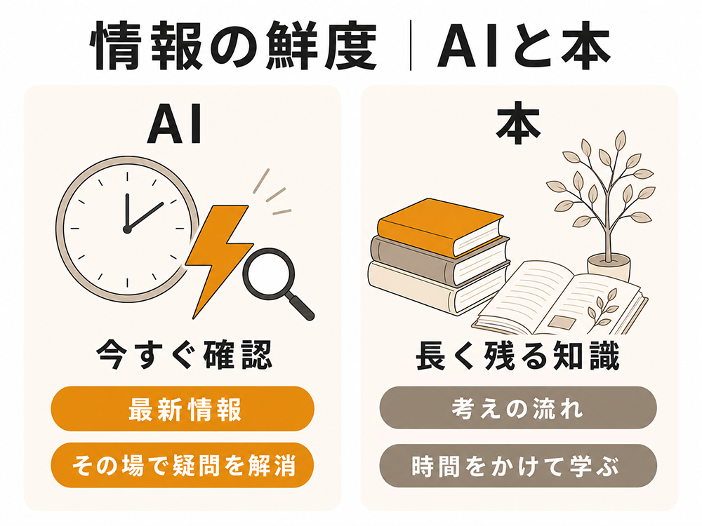 AIは最新情報をすぐ確認してその場の疑問を解消するのに向き、本は考えの流れを時間をかけて学ぶ知識として残ることを示す比較図。