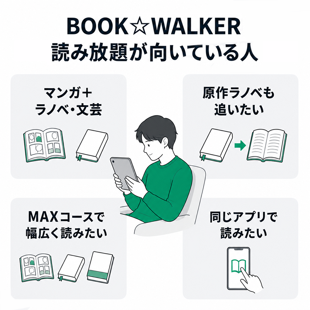 BOOK☆WALKER読み放題が向いている人。マンガに加えてラノベ・文芸も読みたい、原作ラノベも追いたい、MAXコースで幅広く読みたい、同じアプリで読みたい人。