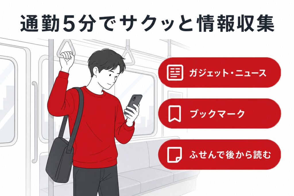 楽天マガジンの通勤中の使い方。電車内でスマホを見る男性と、ガジェット・ニュースを読む、ブックマークする、ふせんで後から読むの3ステップ