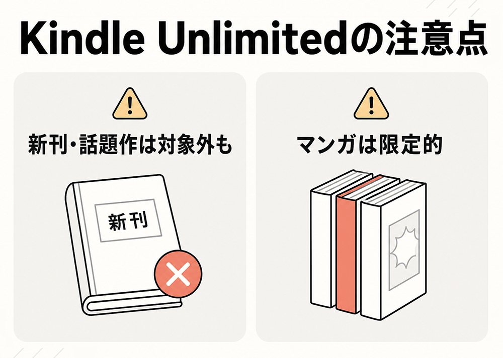 Kindle Unlimitedの注意点。新刊や話題作は対象外の場合があり、マンガの対象作品は限定的であることを示す図
