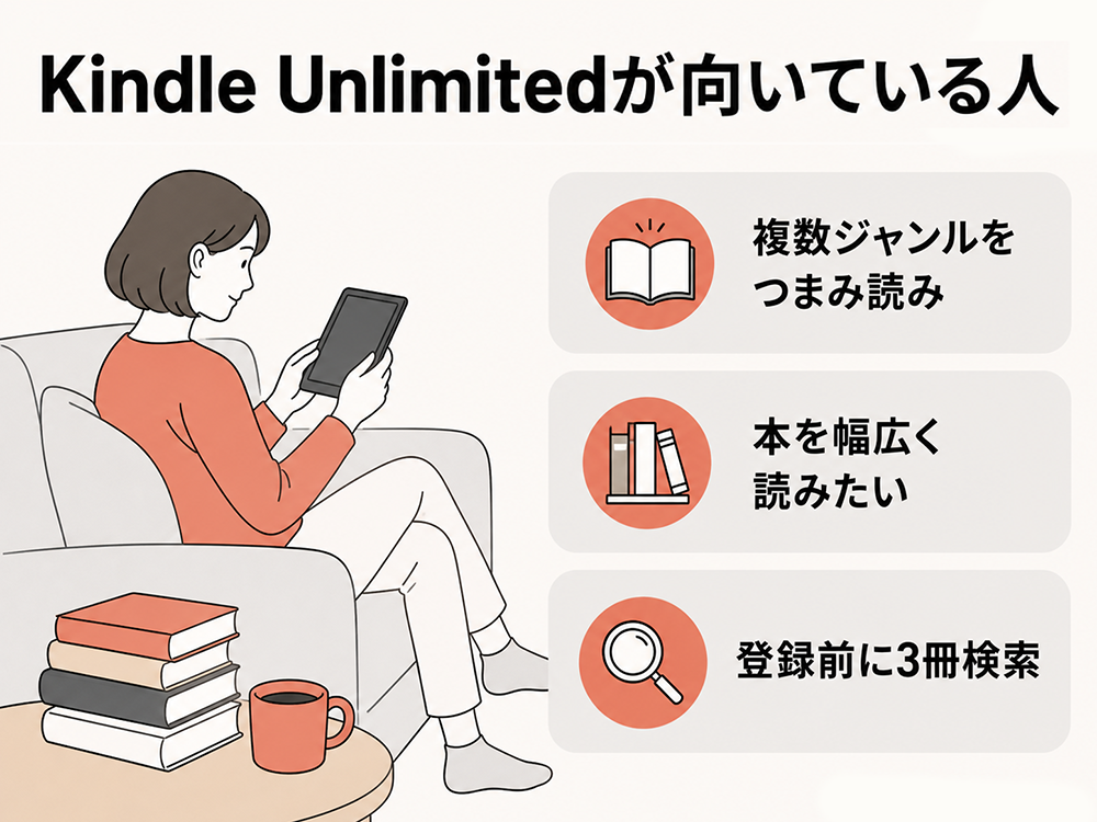 Kindle Unlimitedが向いている人。複数ジャンルをつまみ読みしたい人、本を幅広く読みたい人、登録前に読みたい本を3冊検索して確認できる人