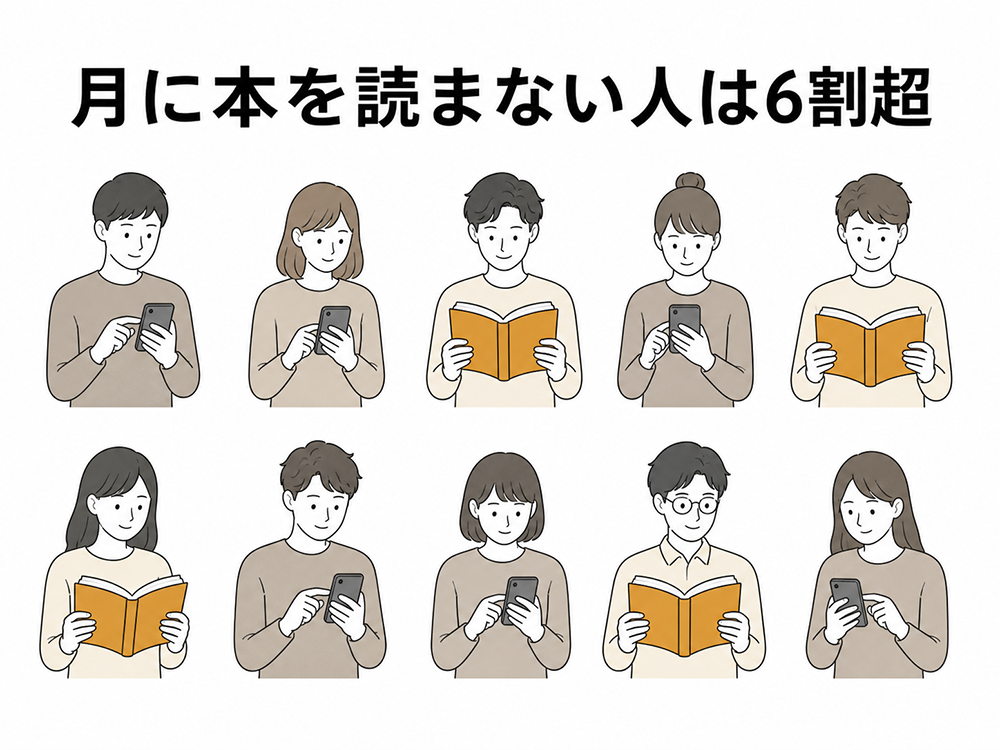 10人のうち6人以上が月に本を読まないことを、スマートフォンを見る人と本を読む人で表した図。