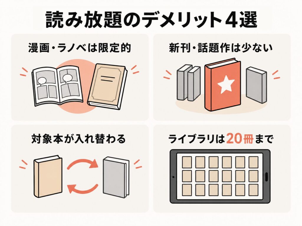Kindle Unlimitedのデメリット4選の図解。漫画やラノベは限定的、新刊や話題作は少ない、対象本が入れ替わる、ライブラリは20冊まで
