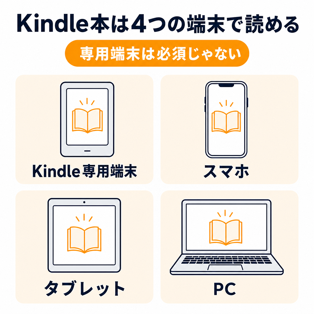 Kindle本はKindle専用端末、スマホ、タブレット、PCの4種類の端末で読めるため、専用端末は必須ではないことを示す図。