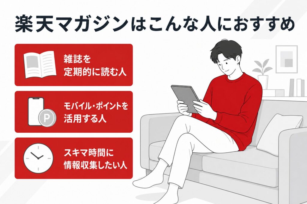 楽天マガジンがおすすめな人のまとめ。雑誌を定期的に読む人、モバイル・ポイントを活用する人、スキマ時間に情報収集したい人