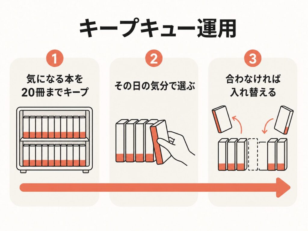 Kindle Unlimitedのキープキュー運用を3ステップで示した図解。気になる本を20冊までキープし、その日の気分で選び、合わなければ入れ替える