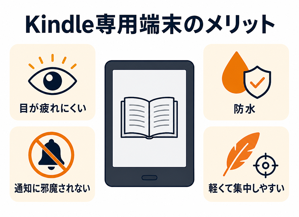 Kindle専用端末のメリット。目が疲れにくい、防水、通知に邪魔されない、軽くて集中しやすい。